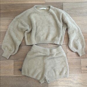 Tan Crew Neck Sweater set with Balloon Sleeves